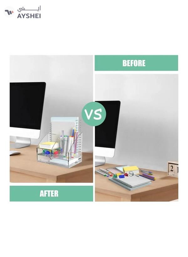 Eworld Clear Acrylic Desk Organizer Featuring 5 Compartments and 2 Slide-Out Drawers