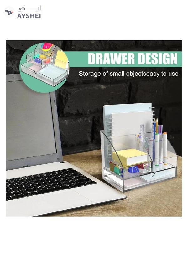 Eworld Clear Acrylic Desk Organizer Featuring 5 Compartments and 2 Slide-Out Drawers