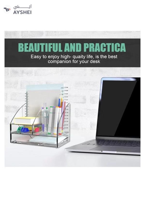 Eworld Clear Acrylic Desk Organizer Featuring 5 Compartments and 2 Slide-Out Drawers