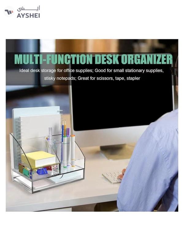 Eworld Clear Acrylic Desk Organizer Featuring 5 Compartments and 2 Slide-Out Drawers