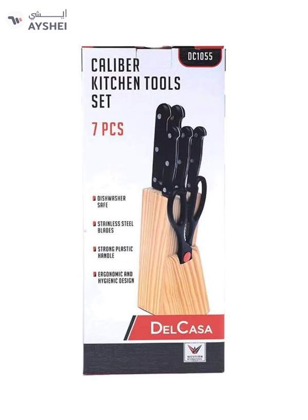 DELCASA 7-Piece Caliber Cutlery Set With Stand Brown/Black Chef Knife 1x7.5, Carving Knife 1x7, Utility Knife 1x5, Steak Knife 1x4.5, Paring Knife 1x3inch