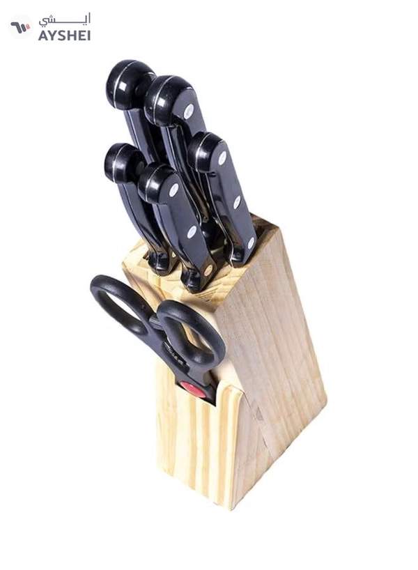 DELCASA 7-Piece Caliber Cutlery Set With Stand Brown/Black Chef Knife 1x7.5, Carving Knife 1x7, Utility Knife 1x5, Steak Knife 1x4.5, Paring Knife 1x3inch