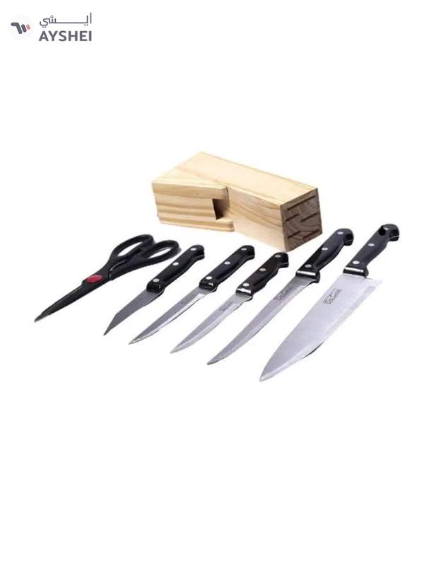 DELCASA 7-Piece Caliber Cutlery Set With Stand Brown/Black Chef Knife 1x7.5, Carving Knife 1x7, Utility Knife 1x5, Steak Knife 1x4.5, Paring Knife 1x3inch