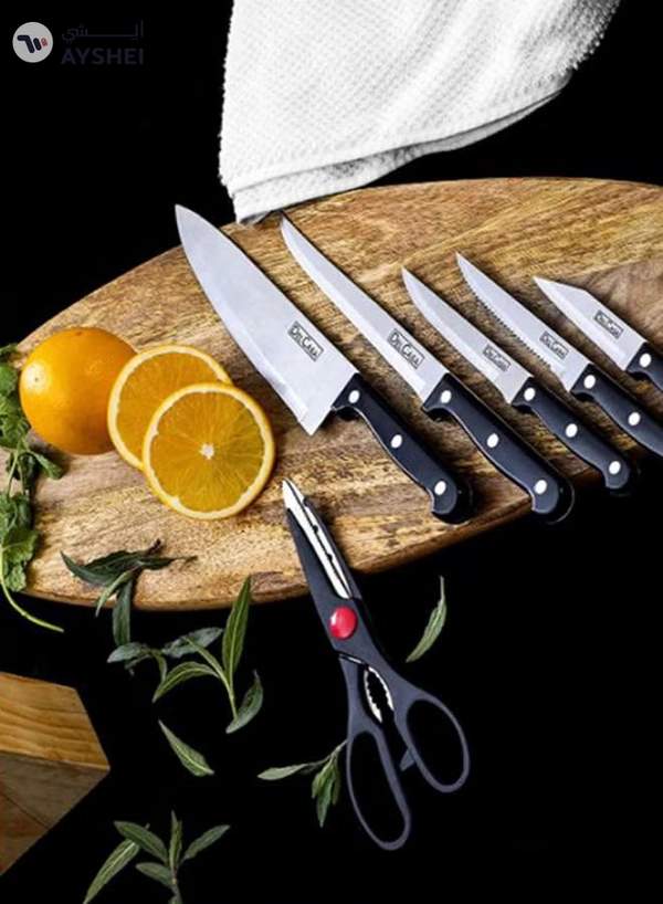 DELCASA 7-Piece Caliber Cutlery Set With Stand Brown/Black Chef Knife 1x7.5, Carving Knife 1x7, Utility Knife 1x5, Steak Knife 1x4.5, Paring Knife 1x3inch