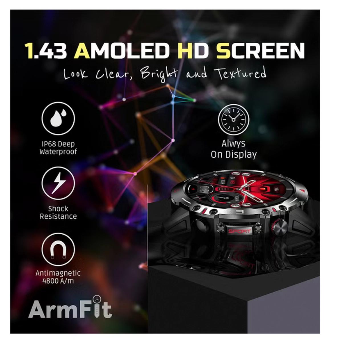 ARMFIT Hulk Smartwatch For Men, AMOLED Always On Display Bluetooth Calling Waterproof Fitness Watches Compatible With Android iOS Black-6-6