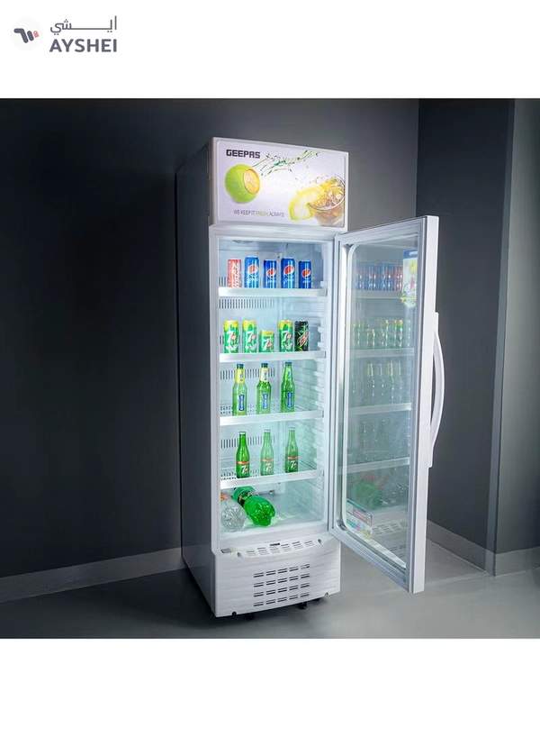 GEEPAS Upright Showcase Refrigerator 300L CFC free | Adjustable Thermostat, Bottle Cooler with LED Lighting, Ideal for Drinks Fridge, Low Noise design Low Energy ,Compressor Fan 300 L GSC6548 White