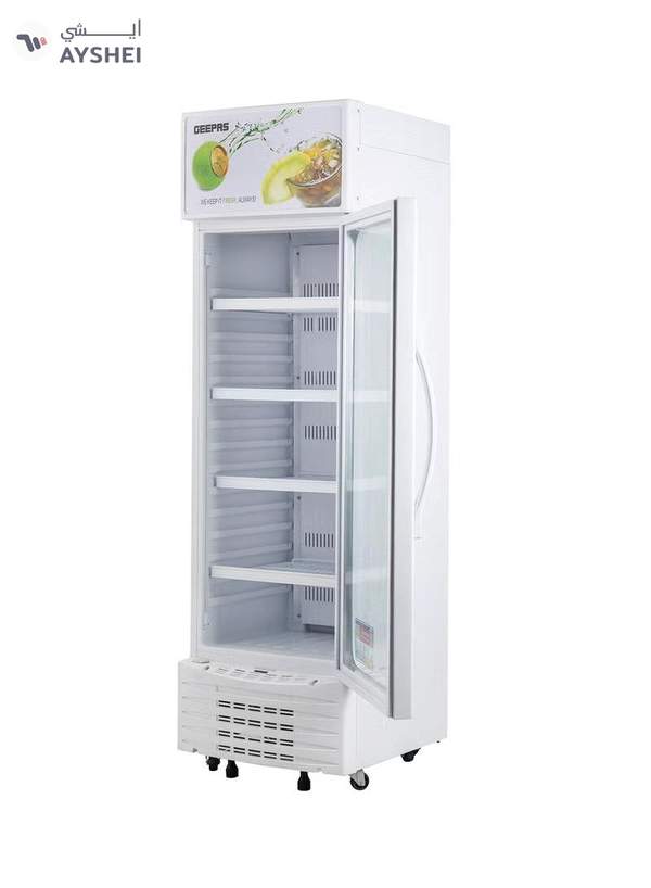 GEEPAS Upright Showcase Refrigerator 300L CFC free | Adjustable Thermostat, Bottle Cooler with LED Lighting, Ideal for Drinks Fridge, Low Noise design Low Energy ,Compressor Fan 300 L GSC6548 White