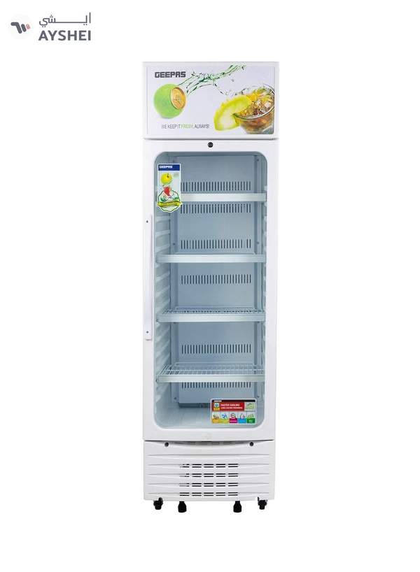 GEEPAS Upright Showcase Refrigerator 300L CFC free | Adjustable Thermostat, Bottle Cooler with LED Lighting, Ideal for Drinks Fridge, Low Noise design Low Energy ,Compressor Fan 300 L GSC6548 White