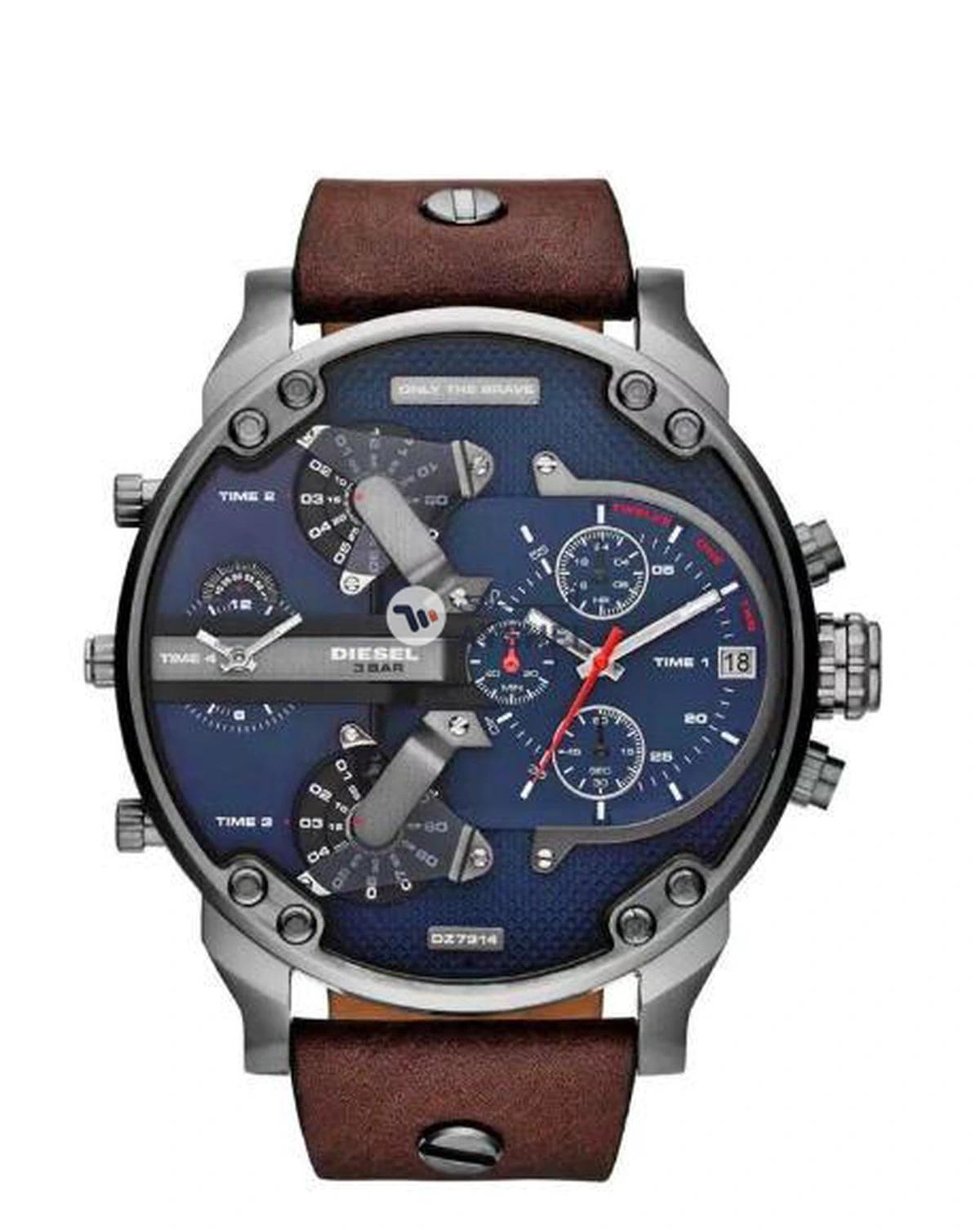 DIESEL Men's Mr Daddy Dual Time Chronograph Navy Blue Dial Leather Watch DZ7314-0-portrait