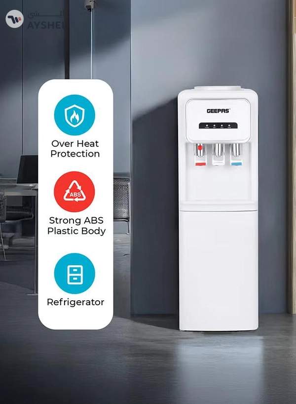 GEEPAS Hot and Cold Water Dispenser with Refrigerator- 3 Taps, Stainless Steel Tank/ Child Lock, Perfect for Home, School, Apartments, Office, etc. GWD17024 WHITE