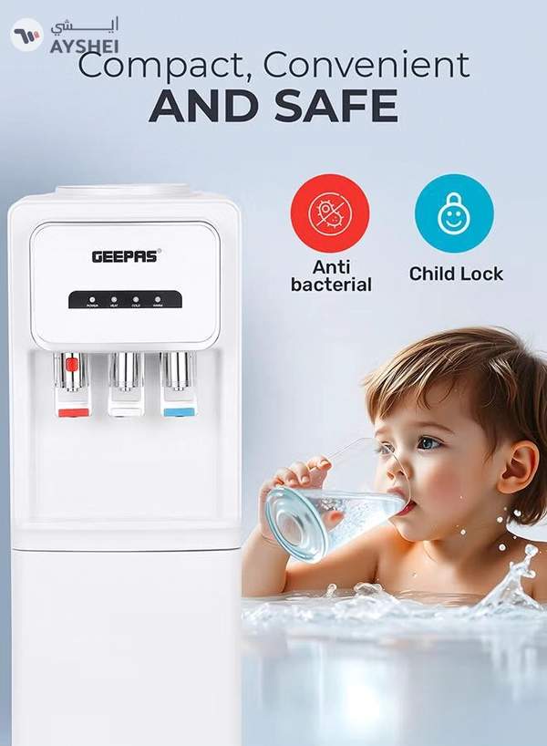 GEEPAS Hot and Cold Water Dispenser with Refrigerator- 3 Taps, Stainless Steel Tank/ Child Lock, Perfect for Home, School, Apartments, Office, etc. GWD17024 WHITE