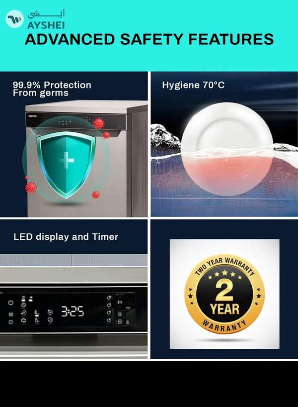 GEEPAS Free Standing Dishwasher 14 Place Settings 6 programs | LED Display, Timer Function, Heater Protection | Eco Wash, Delay Timer Option, Child Lock | GDW1464SV silver