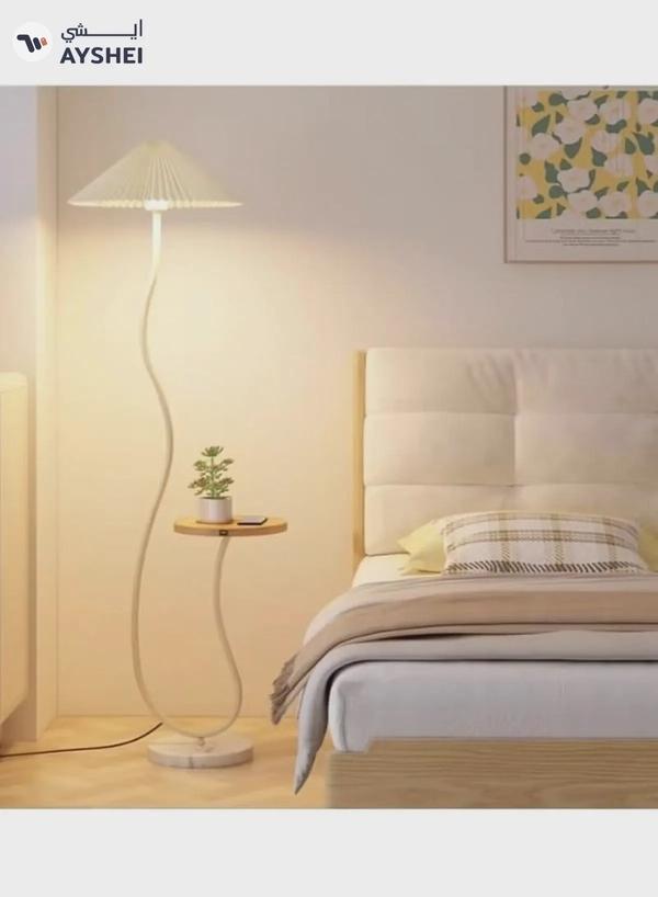 DubaiGallery Floor Lamp Standing Floor Lamp Living Room Nordic Iron Floor Lamp With Wooden Table Standing Light Marble Base Fabric Lampshade Floor Lamps For Living Room Bedroom Floor Lamps
