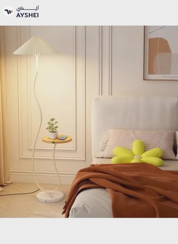 DubaiGallery Floor Lamp Standing Floor Lamp Living Room Nordic Iron Floor Lamp With Wooden Table Standing Light Marble Base Fabric Lampshade Floor Lamps For Living Room Bedroom Floor Lamps