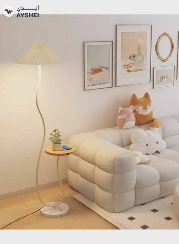 DubaiGallery Floor Lamp Standing Floor Lamp Living Room Nordic Iron Floor Lamp With Wooden Table Standing Light Marble Base Fabric Lampshade Floor Lamps For Living Room Bedroom Floor Lamps