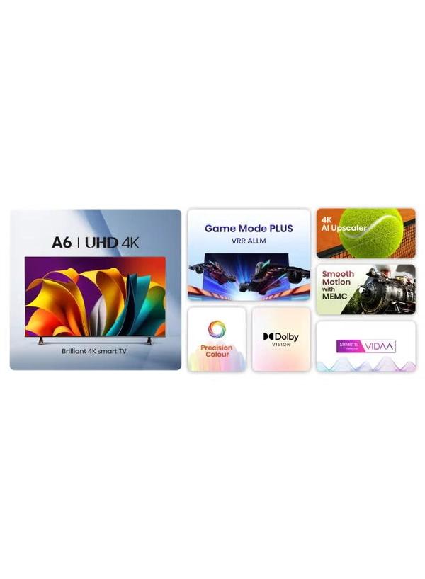 Hisense 58 Inch 4K AI Upscale UHD Smart TV | 60Hz | Precision Colour | Dolby Vision | Game Mode PLUS | VIDAA Smart TV | Voice Control | Model 2024 | 58A6N Black