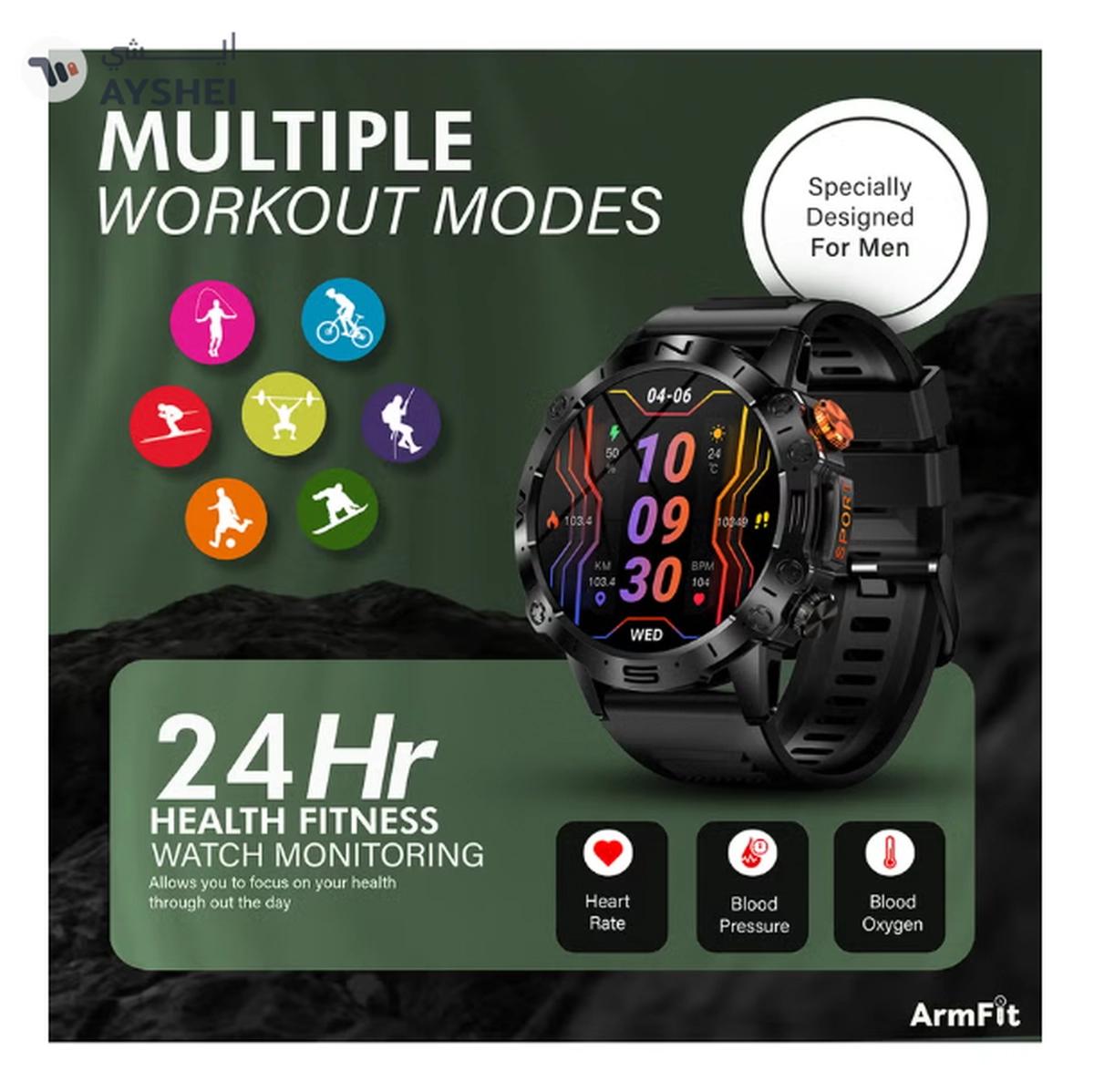 Armfit Dome Smartwatch For Men, AMOLED Always On Display Bluetooth Calling Waterproof Fitness Watches Compatible With Android iOS Black-2-2