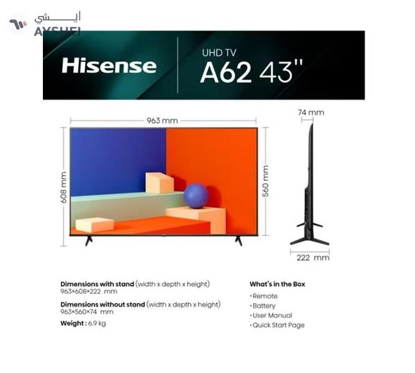 Hisense 4K UHD Smart Television 43 Inch 2023 Model 43A62KS Black