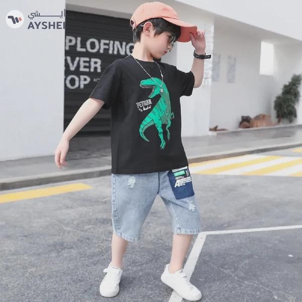Babyqlo Dinosaur printed t-shirt with denim shorts set for boys
