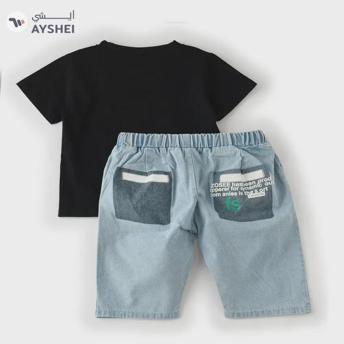 Babyqlo Dinosaur printed t-shirt with denim shorts set for boys-1-1
