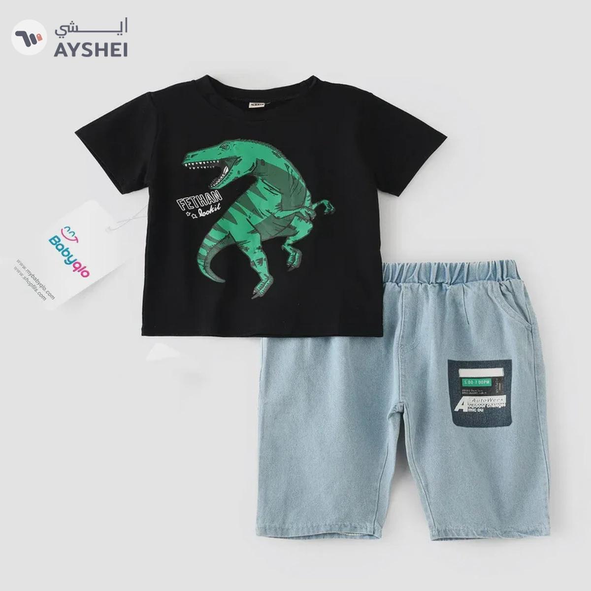 Babyqlo Dinosaur printed t-shirt with denim shorts set for boys-2-2