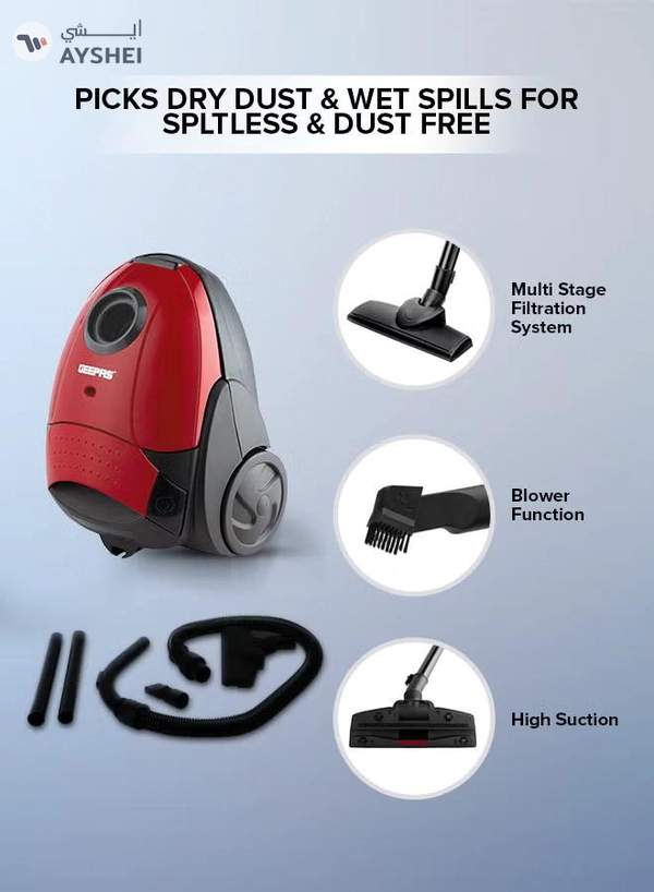 GEEPAS Preview Vacuum Cleaner With Powerful Suction, Low Noise Design, Dust Full Indicator, Flexible Hose With Air Flow On Handle, Plastic Insert Tube, Dustbag 1.5L, Pedal Switch And Auto Rewinding Wire 1.5 L 1400 W GVC2595 1.5 L 1400 W GVC2595 Red