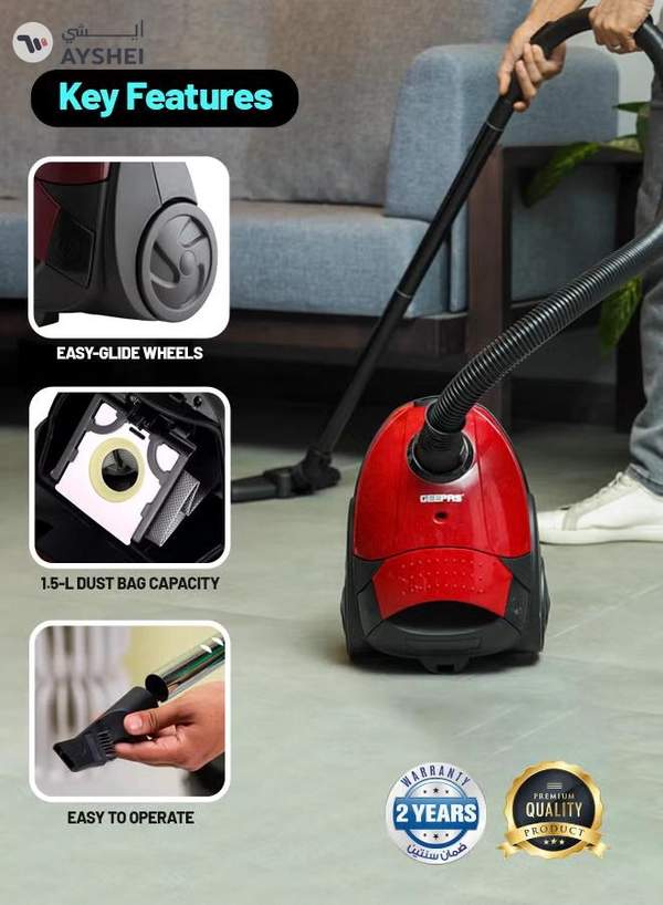 GEEPAS Preview Vacuum Cleaner With Powerful Suction, Low Noise Design, Dust Full Indicator, Flexible Hose With Air Flow On Handle, Plastic Insert Tube, Dustbag 1.5L, Pedal Switch And Auto Rewinding Wire 1.5 L 1400 W GVC2595 1.5 L 1400 W GVC2595 Red