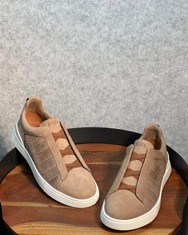 Zegna Men's Taupe Slip-On Sneakers with Crocodile Embossed Leather
