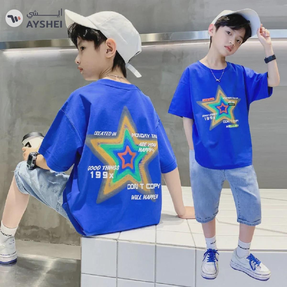 Babyqlo Star printed blue t-shirt with denim shorts set for boys-0-portrait