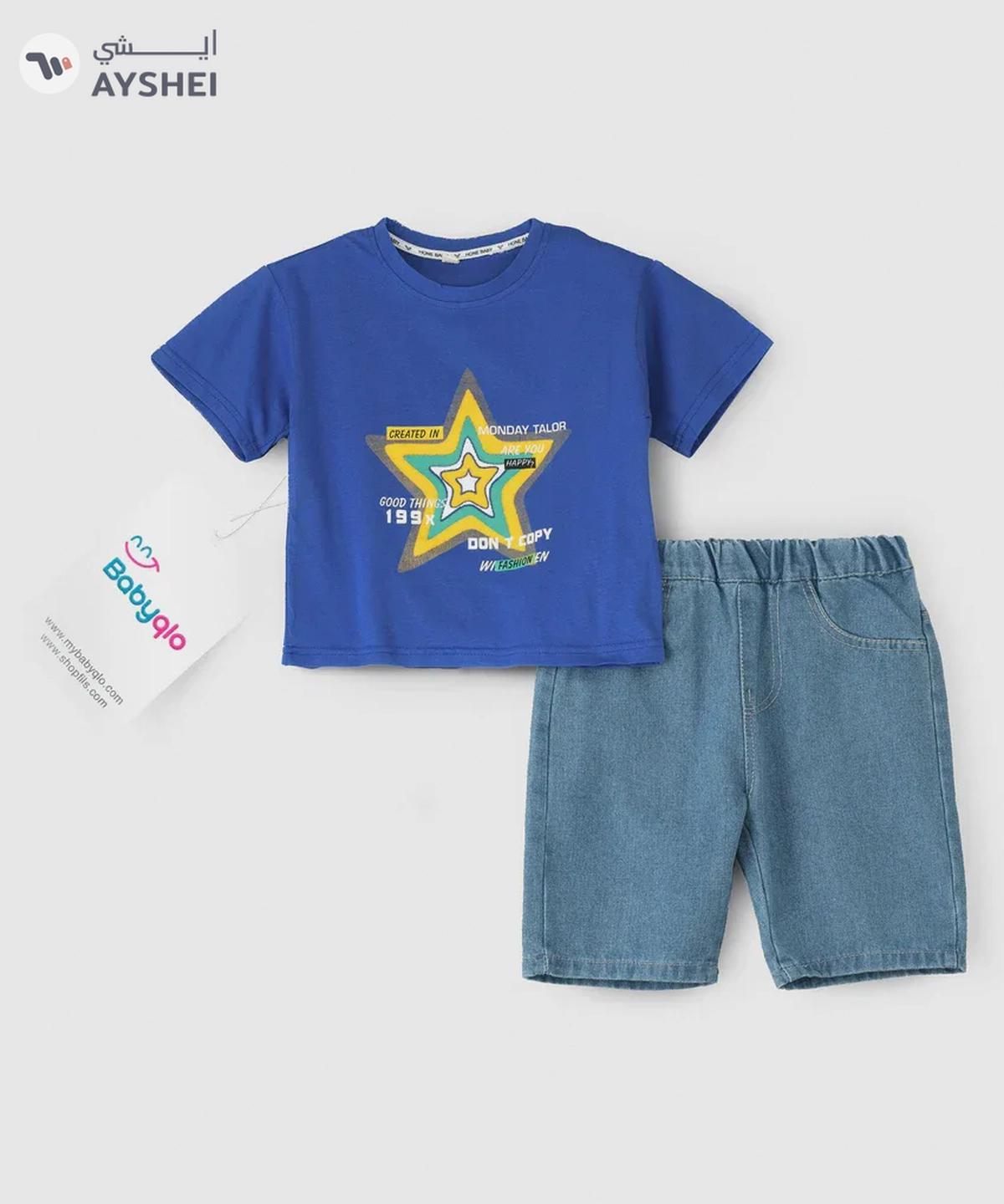 Babyqlo Star printed blue t-shirt with denim shorts set for boys-0-portrait