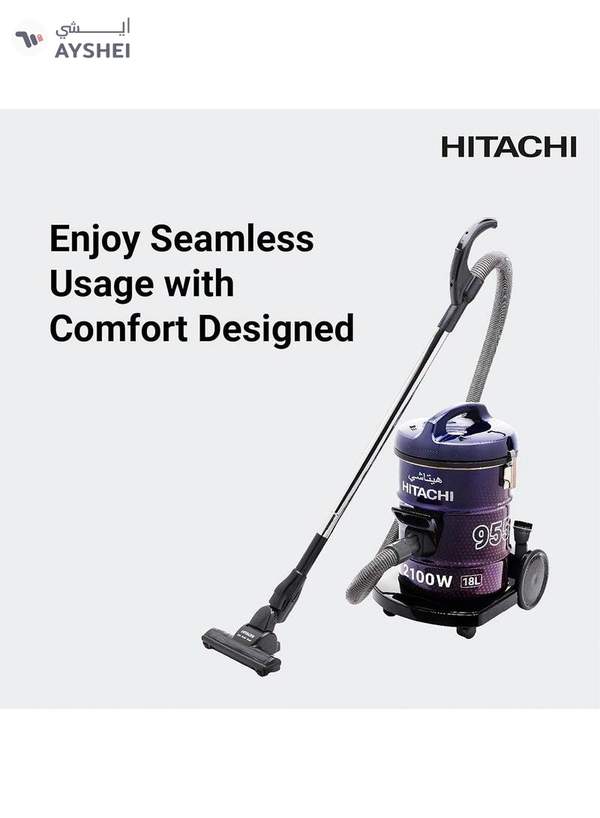 HITACHI Drum Vacuum Cleaner 2100 Watts, 18L Tank Dust Capacity, Aero Power Brush to Clean Efficiently, Metal Pipe, Dusting Brush & Crevice Nozzle, Washable Filter, Best for Home & Office 18 L 2100 W CV955NBLGCM Blue/Purple