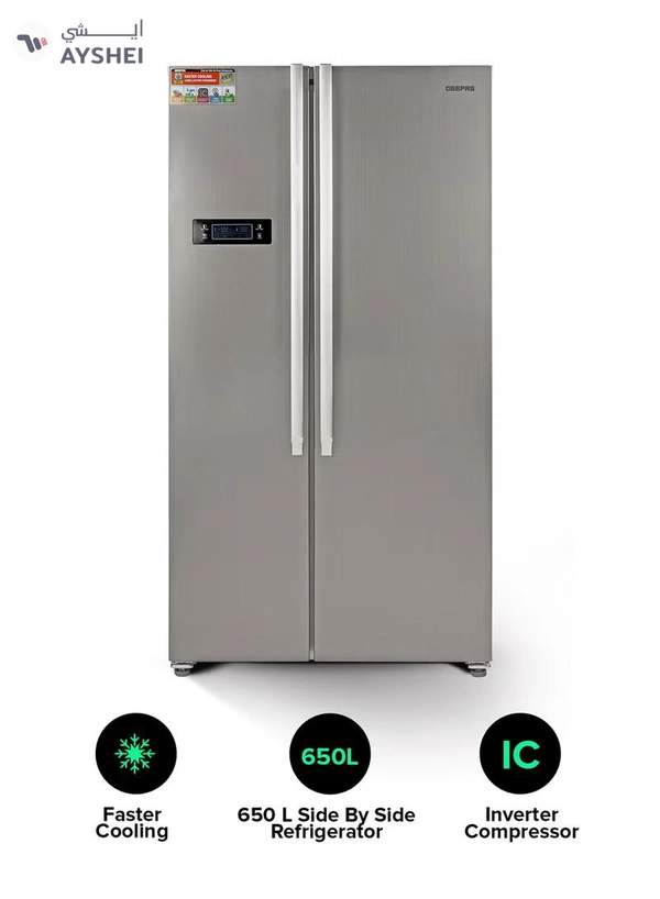 GEEPAS 650L Gross/521L Net Capacity No Frost Side By Side Refrigerator With Inverter Compressor, Tempered Glass Shelf, Twist Ice Maker, LED Lighting, Digital Control Temperature Display Freezer- 177L capacity GRFS6521SXHN Silver