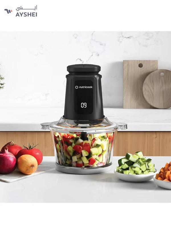 nutricook 1.2L Glass Chopper and Mincer, 500W w/ Pulse & 2 Speeds, Removable 4 SS-Blade for Chopping, Ice Crushing, Meat Mincing, Grinding, Pureeing & more, 2 Yr Warranty, NC-CH1200 1.2 L 500 W Choppi XL Black