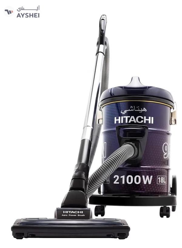 Hitachi Drum Vacuum Cleaner, Aero Power Brush to Clean Efficiently, Metal Pipe, Dusting Brush & Crevice Nozzle, Washable Filter, Best for Home & Office, 18 L 2100 W CV955NBLGSA Purple/Black