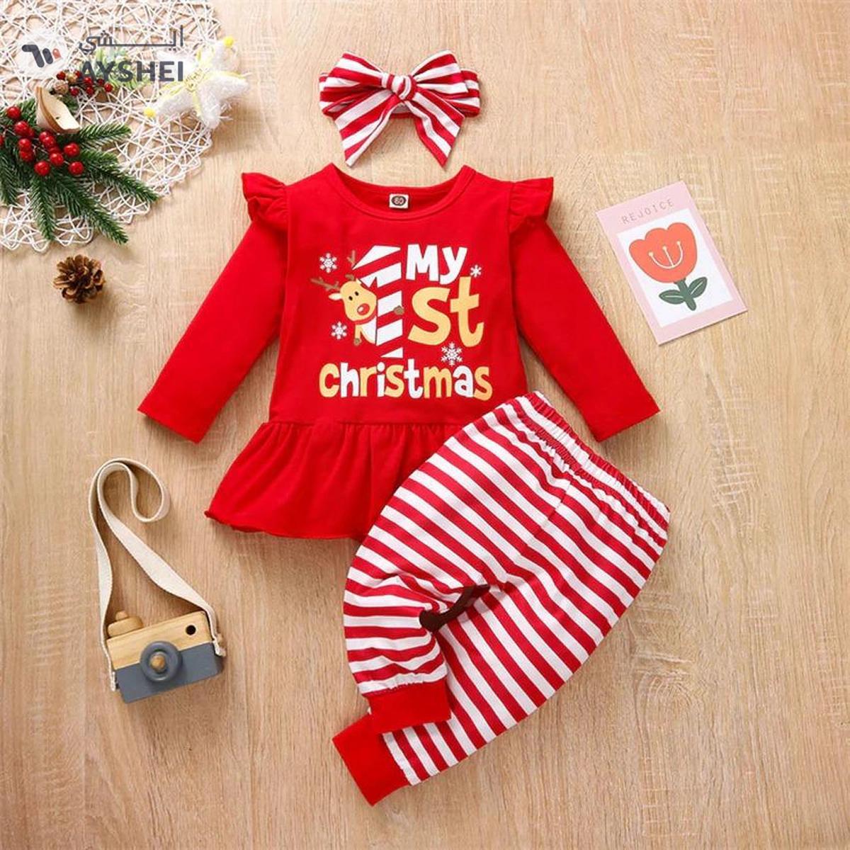 Baby qlo Red printed top and stripe bottom christmas set with headband for girls-0-0