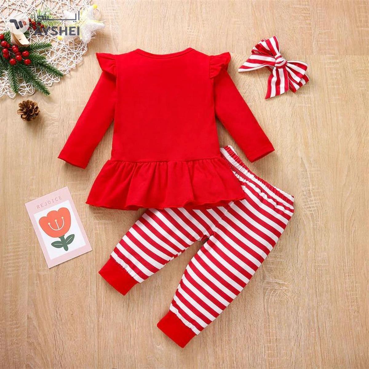 Baby qlo Red printed top and stripe bottom christmas set with headband for girls-1-1
