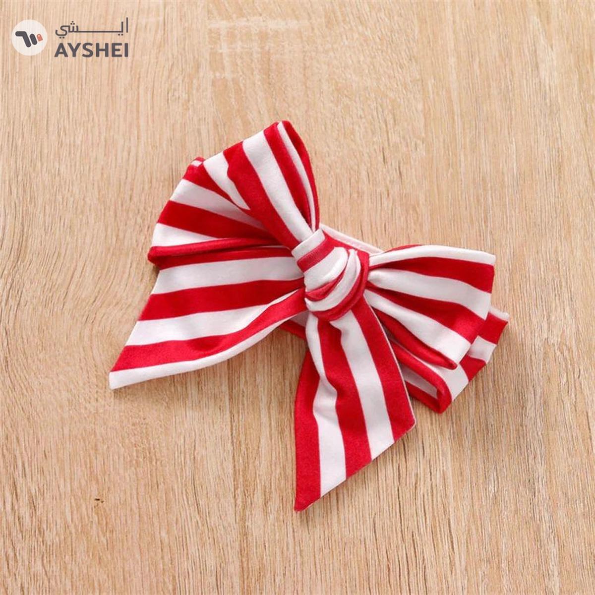 Baby qlo Red printed top and stripe bottom christmas set with headband for girls-4-4