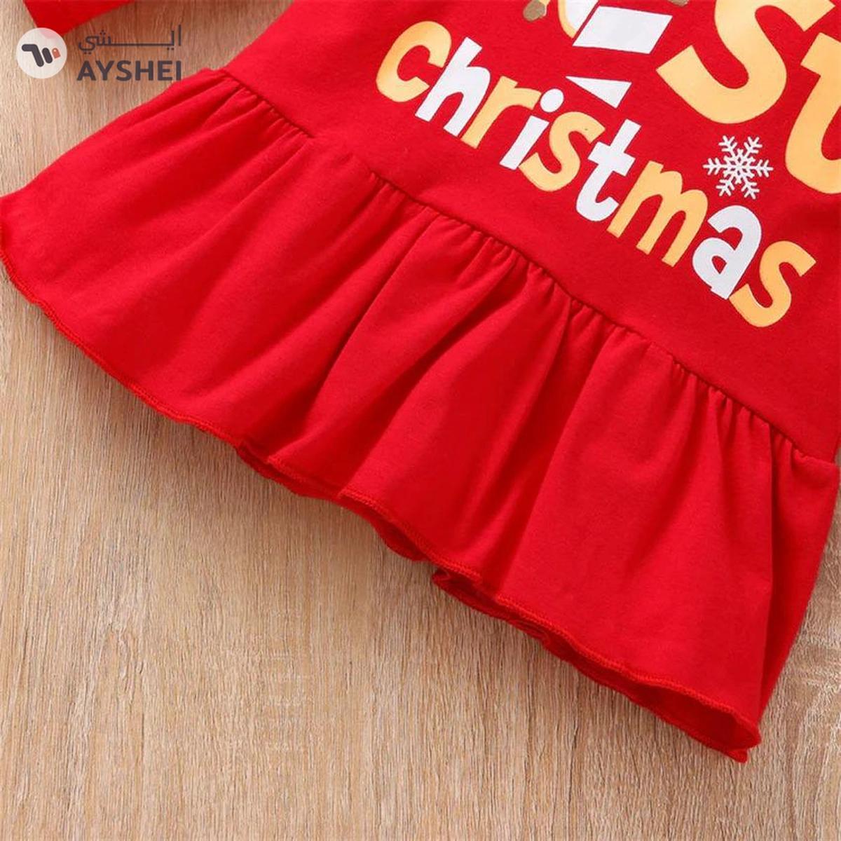 Baby qlo Red printed top and stripe bottom christmas set with headband for girls-5-5