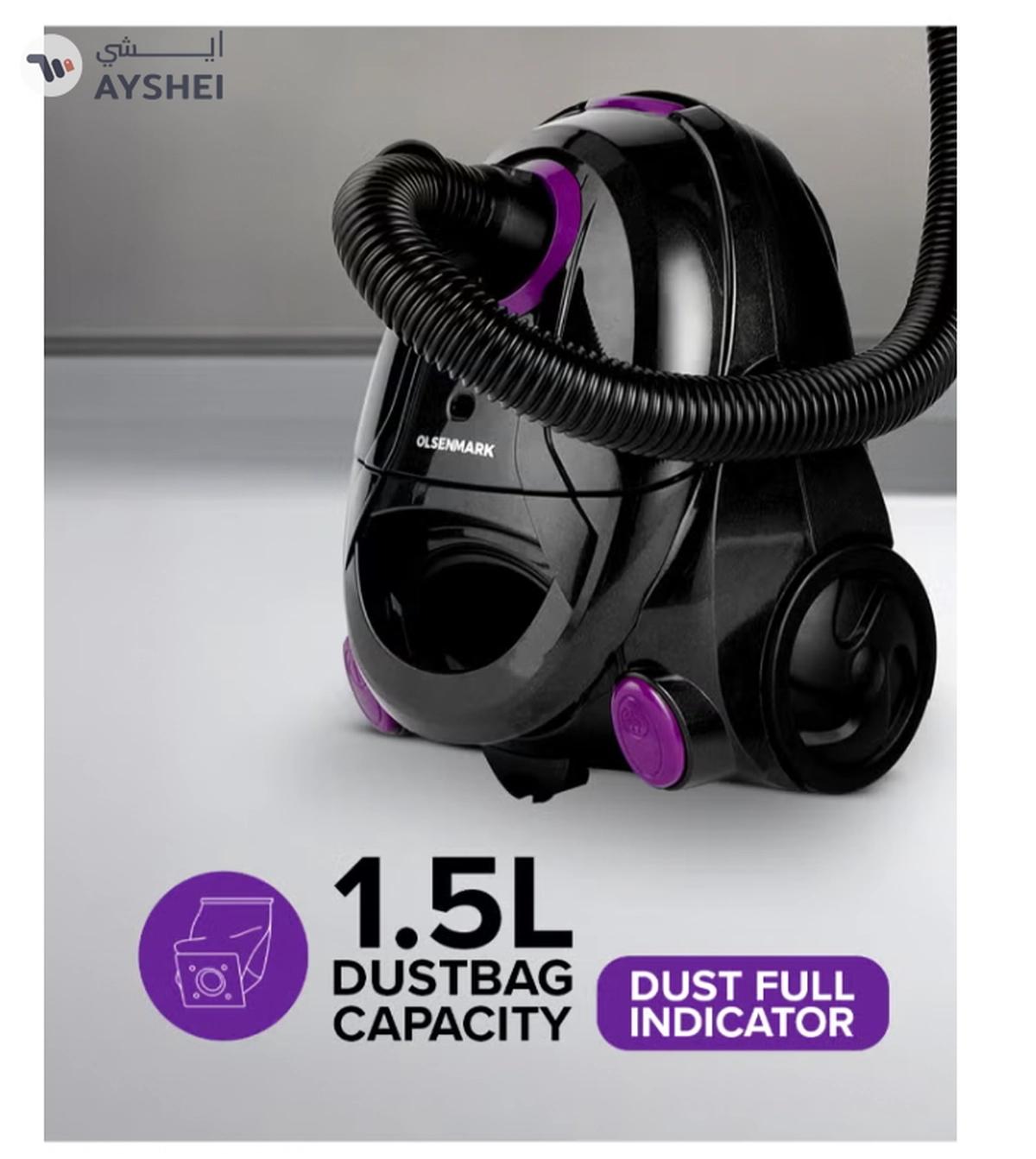 Olsenmark Vacuum Cleaner With Dust Bag 1400W OMVC1782, Powerful Suction, Dust Full Indicator,Dust Bag capacity 1.5L, Flexible Hose With Airflow On Handle, Pedal Switch And Auto-Rewinding Wire 1.5 L 1400 W OMVC1782 Black/Purple-1-portrait