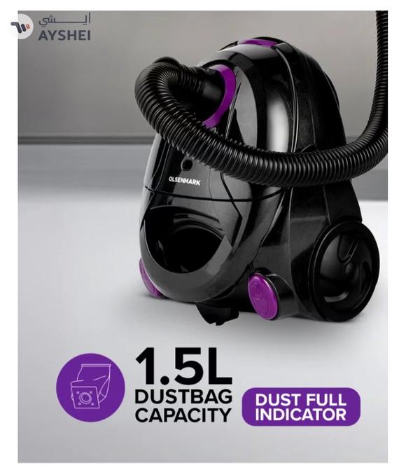 Olsenmark Vacuum Cleaner With Dust Bag 1400W OMVC1782, Powerful Suction, Dust Full Indicator,Dust Bag capacity 1.5L, Flexible Hose With Airflow On Handle, Pedal Switch And Auto-Rewinding Wire 1.5 L 1400 W OMVC1782 Black/Purple