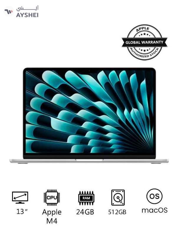 Apple New 2025 MacBook Air MC654 13-Inch Display, Apple M4 Chip 10-Core CPU 10-Core GPU Processor/24GB RAM/512GB SSD/macOS English/Arabic Silver