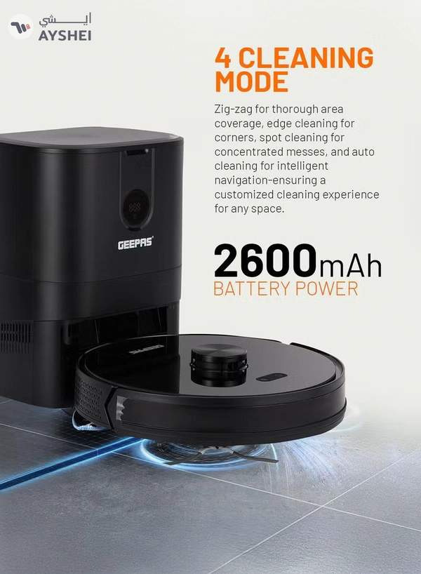 GEEPAS 2 In 1 Wet & Dry Robot Vacuum Cleaner | LDS Navigation, TUYA App Control | 4 Cleaning Modes 2600 mAh Battery & Auto Recharge | 4 Anti Drop Sensors, Remote Control, Brushless Motor | GRVC19058 19 W GRVC19058 black