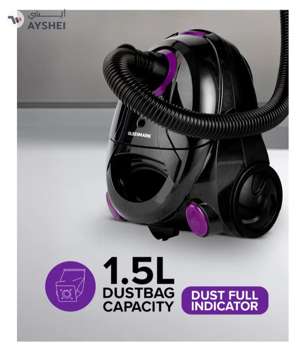 Olsenmark Vacuum Cleaner With Dust Bag 1400W OMVC1782, Powerful Suction, Dust Full Indicator,Dust Bag capacity 1.5L, Flexible Hose With Airflow On Handle, Pedal Switch And Auto-Rewinding Wire 1.5 L 1400 W OMVC1782 Black/Purple-8-8