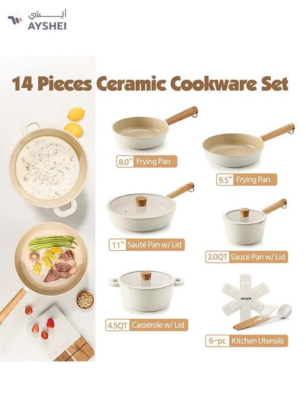 Sensarte 14 Piece Ceramic Cookware Set With Wooden Handles, Non-Stick, Pfoa/Pfos/Apeo Free, 1X24Cm Casserole With Lid, 1X20Cm Fry Pan, 1X24Cm Fry Pan, 1X28Cm Fry Pan With Lid, 1X18 Cm Sauce Pan With Lid, 2 Silicone Utensils, 4X Pan Protectors, Cream White 4.6 18 Ratings