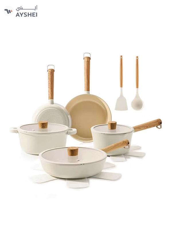 Sensarte 14 Piece Ceramic Cookware Set With Wooden Handles, Non-Stick, Pfoa/Pfos/Apeo Free, 1X24Cm Casserole With Lid, 1X20Cm Fry Pan, 1X24Cm Fry Pan, 1X28Cm Fry Pan With Lid, 1X18 Cm Sauce Pan With Lid, 2 Silicone Utensils, 4X Pan Protectors, Cream White 4.6 18 Ratings