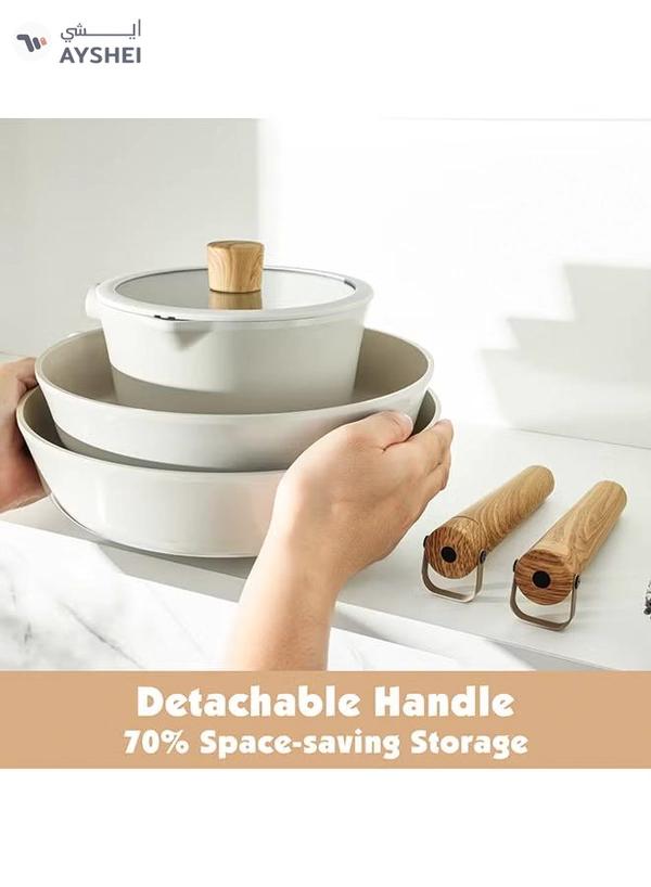 Sensarte 14 Piece Ceramic Cookware Set With Wooden Handles, Non-Stick, Pfoa/Pfos/Apeo Free, 1X24Cm Casserole With Lid, 1X20Cm Fry Pan, 1X24Cm Fry Pan, 1X28Cm Fry Pan With Lid, 1X18 Cm Sauce Pan With Lid, 2 Silicone Utensils, 4X Pan Protectors, Cream White 4.6 18 Ratings