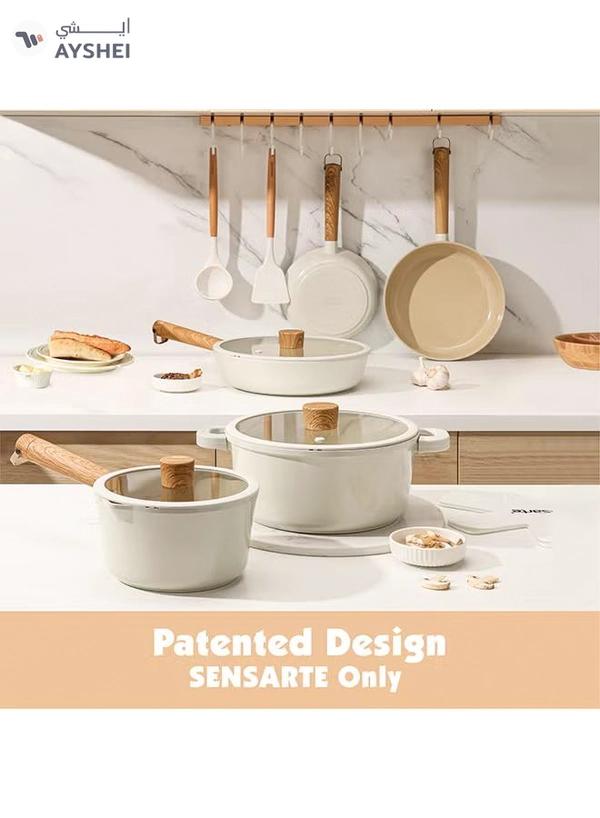 Sensarte 14 Piece Ceramic Cookware Set With Wooden Handles, Non-Stick, Pfoa/Pfos/Apeo Free, 1X24Cm Casserole With Lid, 1X20Cm Fry Pan, 1X24Cm Fry Pan, 1X28Cm Fry Pan With Lid, 1X18 Cm Sauce Pan With Lid, 2 Silicone Utensils, 4X Pan Protectors, Cream White 4.6 18 Ratings