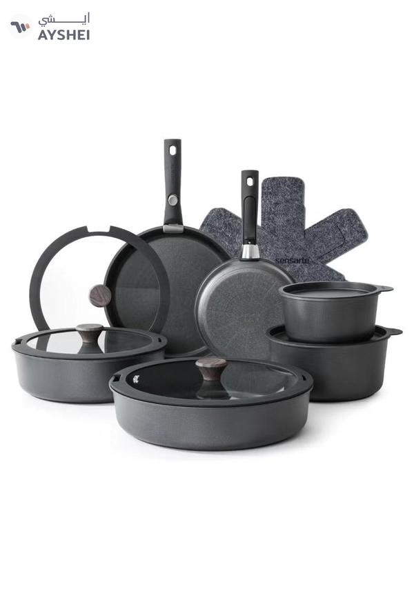 Sensarte Cookware Set Nonstick With Detachable Handles, 18Pcs Induction Cookware Set Stackable, Space Saving With Removable Handle Black