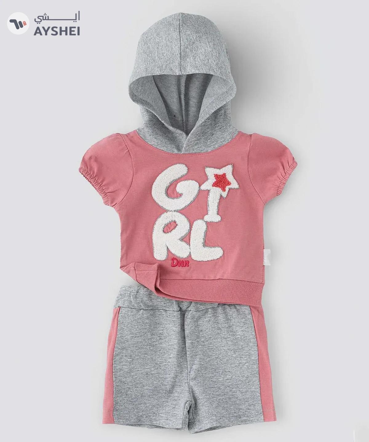 Babyqlo Embossed hooded peach tee with stripe pattern shorts for girls-0-portrait