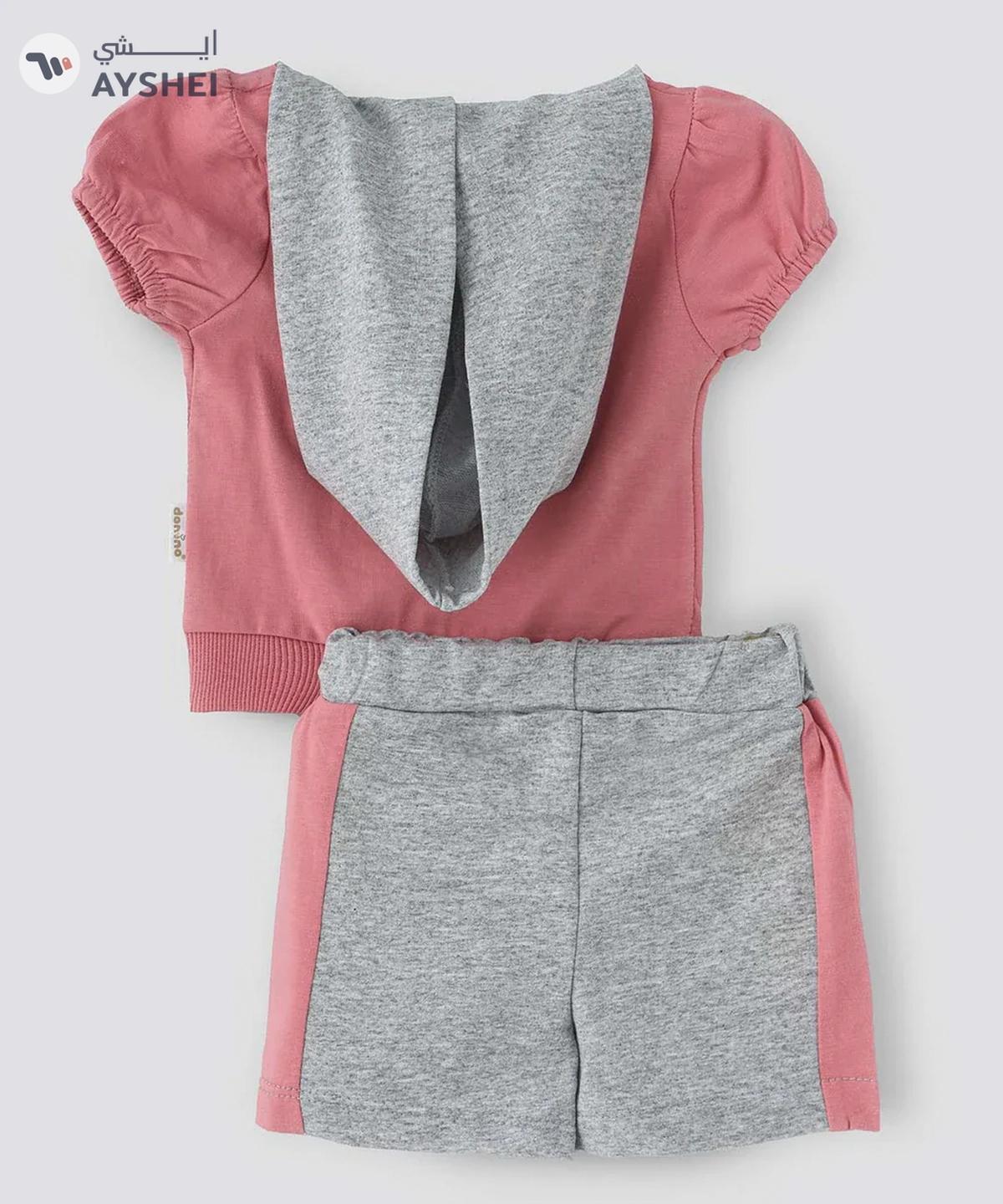 Babyqlo Embossed hooded peach tee with stripe pattern shorts for girls-4-4